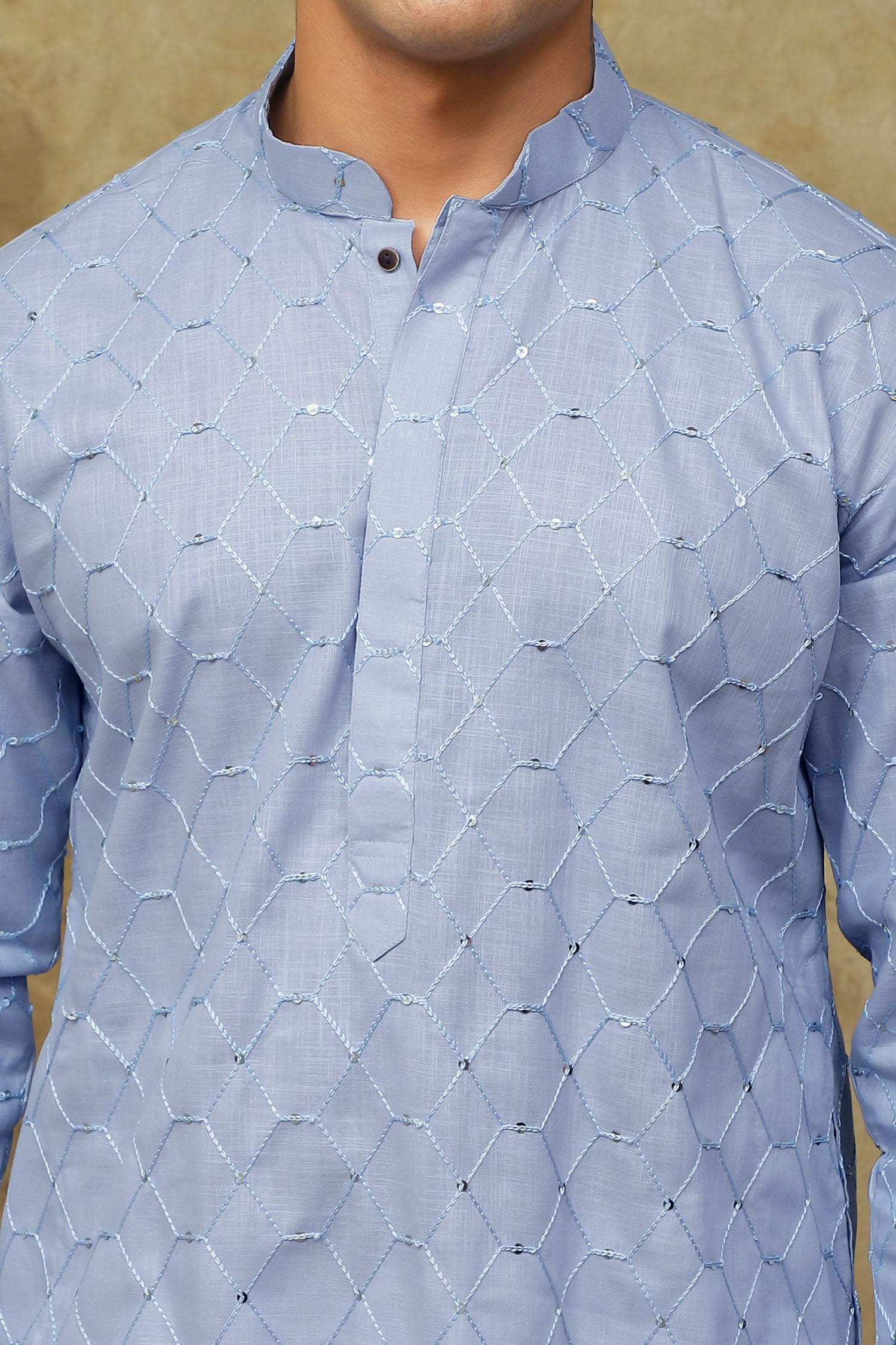 Bluesaanchi Men's Linen Threadwork Kurta Set - Blue - Distacart