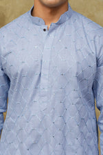 Thumbnail for Bluesaanchi Men's Linen Threadwork Kurta Set - Blue - Distacart
