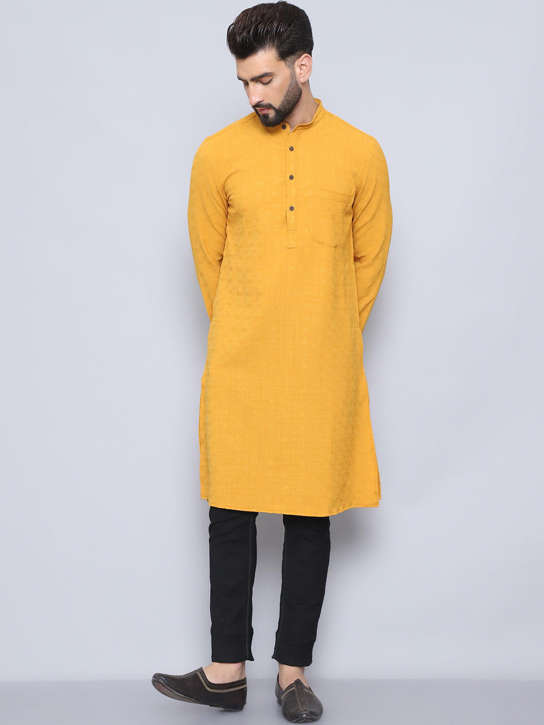 Even Apparels Men's Self Design Yellow Kurta