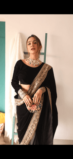 Thumbnail for trueBrowns Velvet Silk Embroidered Ready Pleated Saree - Distacart