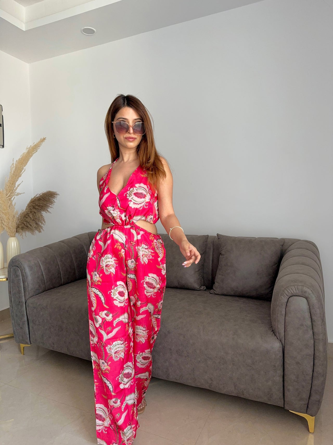 Noroke Red Floral Print Linen Red Floral Cut-out Jumpsuit