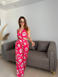 Thumbnail for Noroke Red Floral Print Linen Red Floral Cut-out Jumpsuit