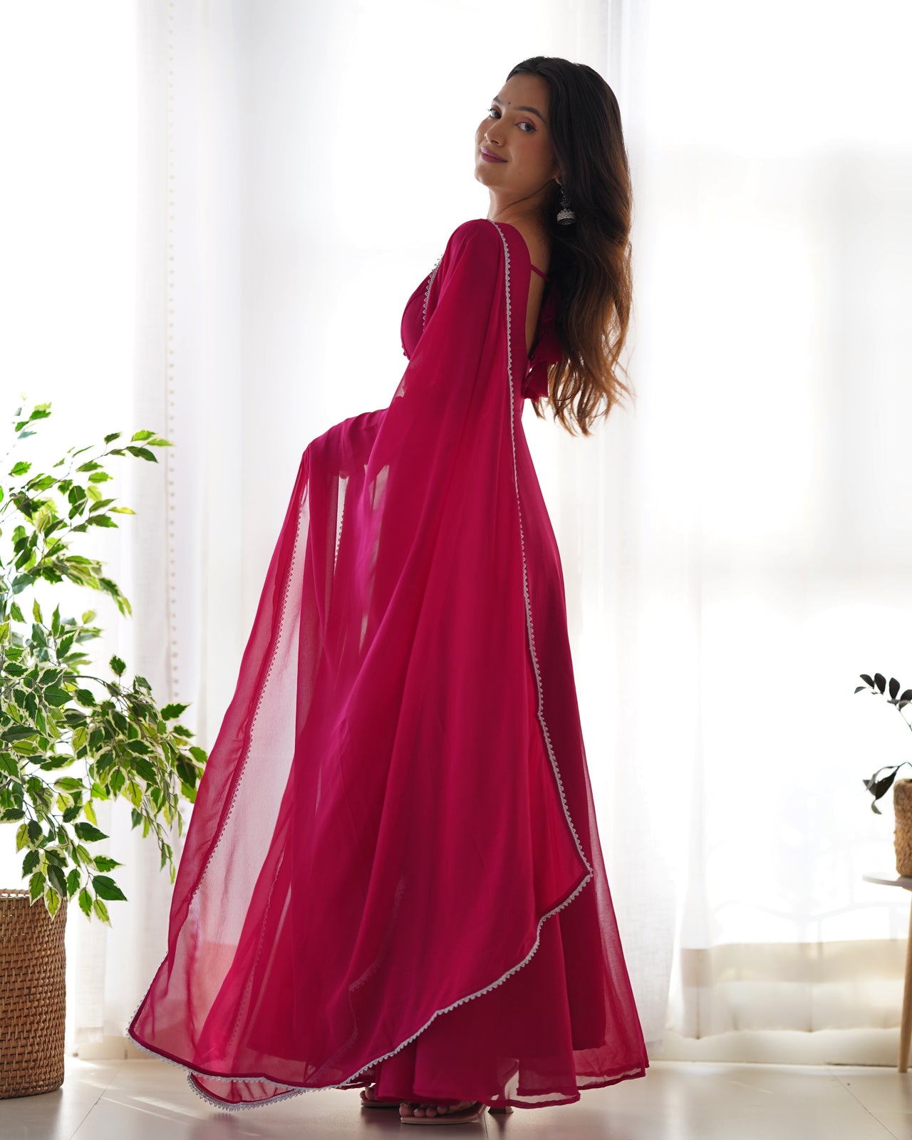 Lorenvalley Fashion Pink Georgette Anarkali Gown Dupatta Set With Pant Ready to Wear - Pink