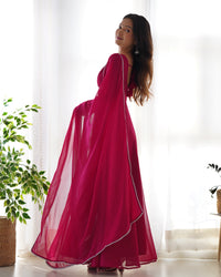 Thumbnail for Lorenvalley Fashion Pink Georgette Anarkali Gown Dupatta Set With Pant Ready to Wear - Pink