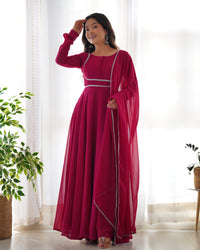 Thumbnail for Lorenvalley Fashion Pink Georgette Anarkali Gown Dupatta Set With Pant Ready to Wear - Pink