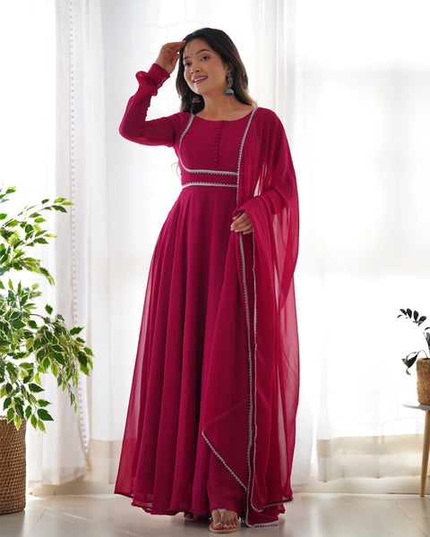 Lorenvalley Fashion Pink Georgette Anarkali Gown Dupatta Set With Pant Ready to Wear - Pink