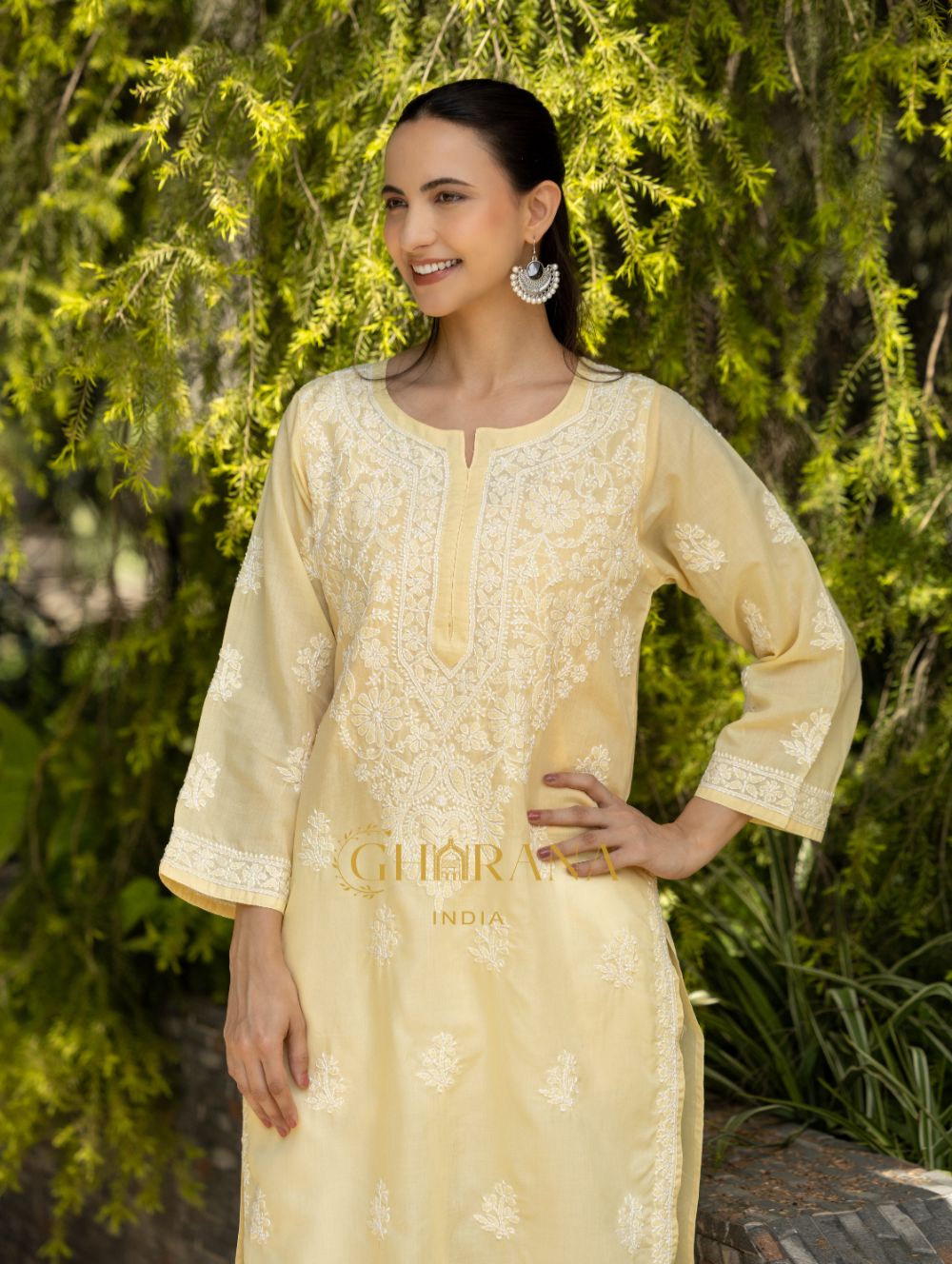 Gharana India Sahiba Chikankari Pastel Yellow Cotton Kurta With Bakhiya Work