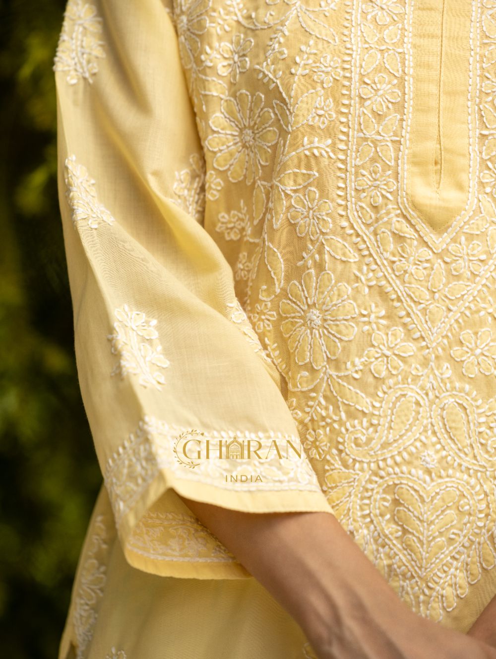 Gharana India Sahiba Chikankari Pastel Yellow Cotton Kurta With Bakhiya Work
