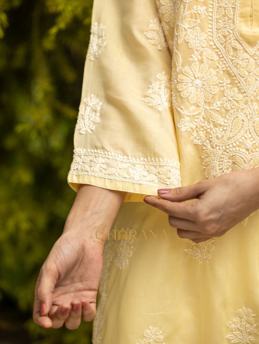 Gharana India Sahiba Chikankari Pastel Yellow Cotton Kurta With Bakhiya Work