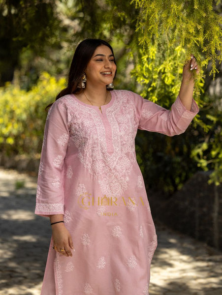 Gharana India Sahiba Chikankari Light Pink Cotton Kurta With Bakhiya Work