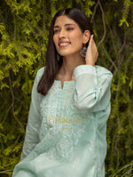 Thumbnail for Gharana India Sahiba Chikankari Pastel Green Cotton Kurta With Bakhiya Work