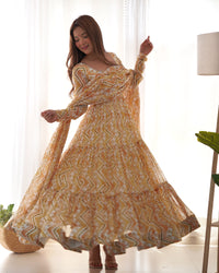 Thumbnail for Lorenvalley Fashion Yellow Pure Faux Georgette Zigzag Print Fully Flair Anarkali Pant With Dupatta - Yellow