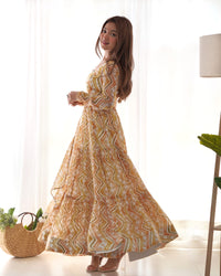 Thumbnail for Lorenvalley Fashion Yellow Pure Faux Georgette Zigzag Print Fully Flair Anarkali Pant With Dupatta - Yellow