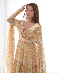 Thumbnail for Lorenvalley Fashion Yellow Pure Faux Georgette Zigzag Print Fully Flair Anarkali Pant With Dupatta - Yellow