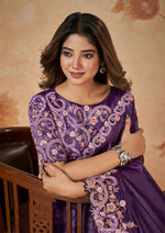Thumbnail for Purple Banarasi Crush Silk Thread, Sequence, Cord Embroidered with Stone & Moti Work Saree - Mohmanthan Dakshika - Distacart