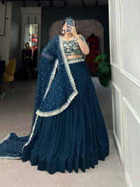 Thumbnail for Vastranavya Gorgeous Georgette Lehenga Choli With Embroidered Banglory Blouse - Teal
