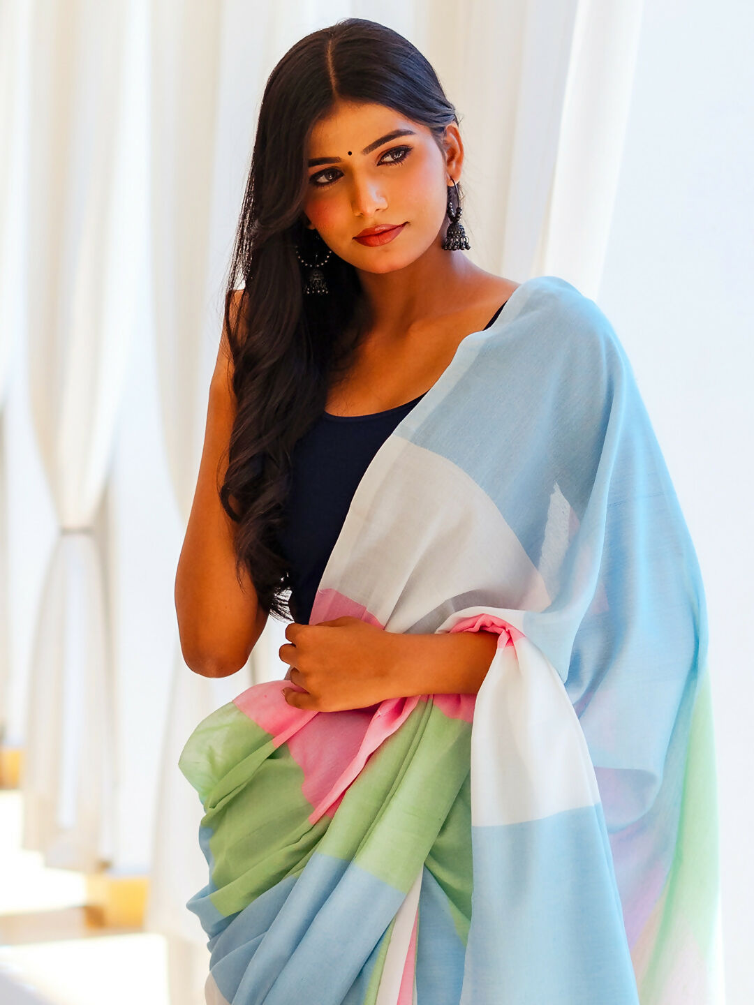 Zibaa Hand-Dyed Mul Cotton Multi-color Saree with Tassels