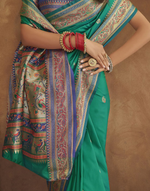 Thumbnail for Vastranavya Turquoise Soft Paithani Silk Saree With Gold Zari Weaving Motifs With Matching Blouse Fabric - Distacart