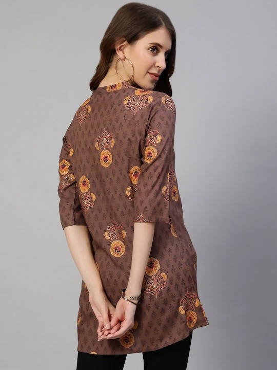 Anubhutee Brown & Yellow Floral Foil Printed Kurti - Distacart