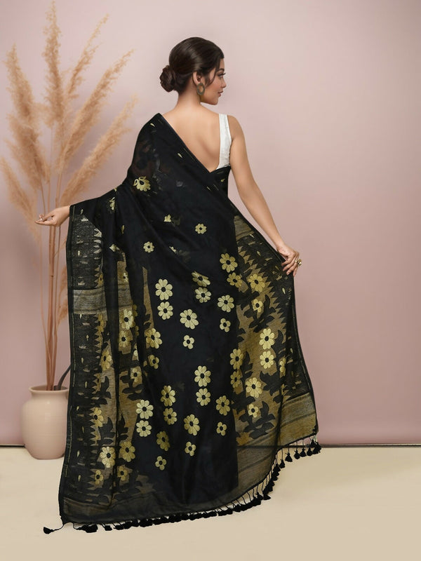 Joban Fashion Black Cotton Blend Jamdani Saree