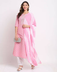 Thumbnail for Aastha Fashion Women's Pink Cotton Embroidered Kurta with Trouser & Dupatta - Distacart