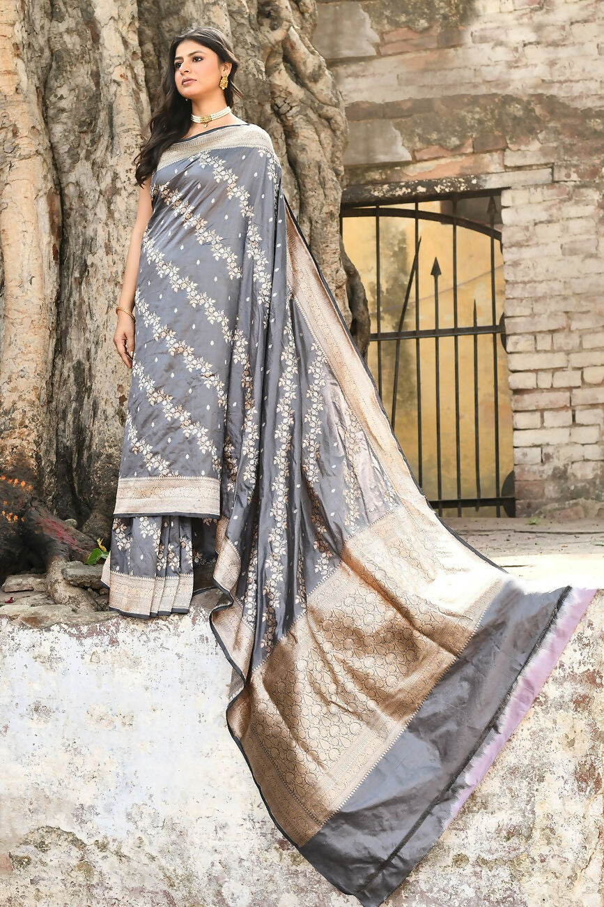 Joban Fashion Silver Grey Pure Katan Pure Handloom Banarasi Silk Saree