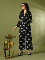 Thumbnail for Myshka Women's Black Printed Polo Collar Party Top With Trousers Co-ord set - Distacart