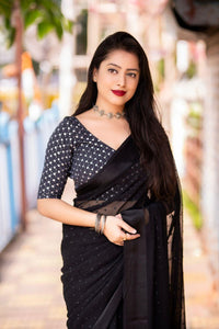 Thumbnail for Black Poly Chiffon Woven Design Saree with Unstitched Blouse - A2M