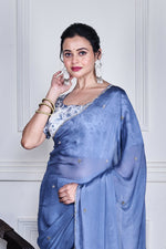 Thumbnail for Morchari Grey Chiffon Hand Embroidery Saree And Stitched Blouse