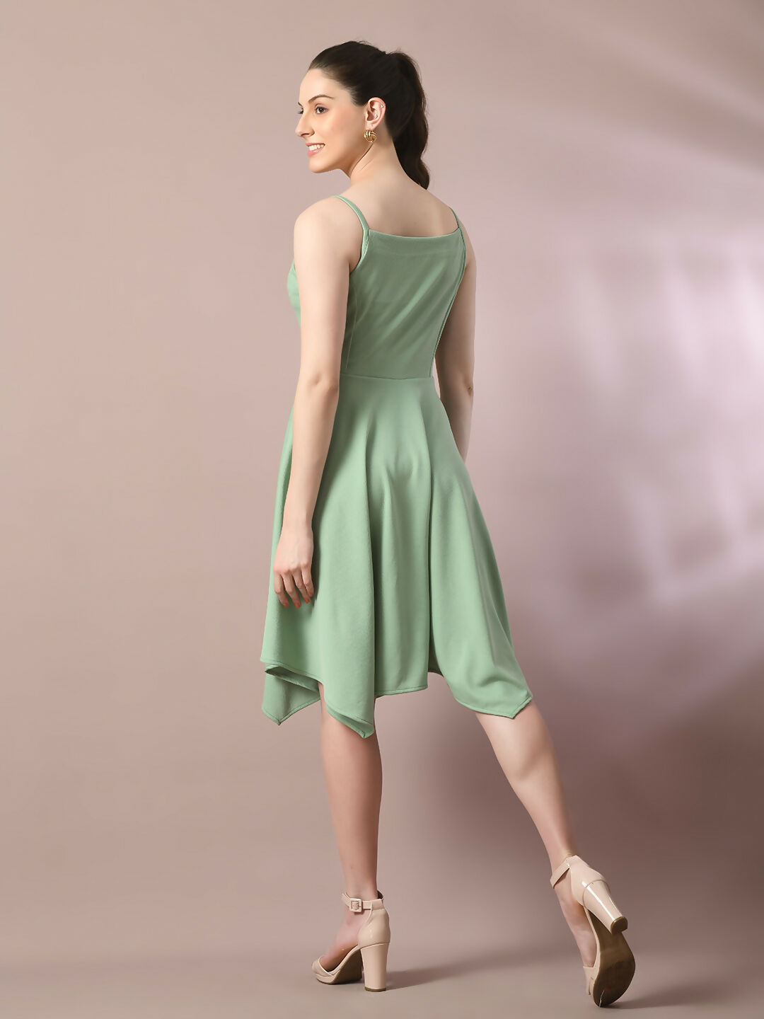 Myshka Women's Sea Green Solid Shoulder Straps Fit and Flare Party Dress - Distacart