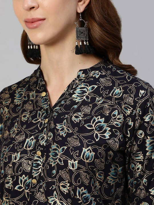 Anubhutee Navy Blue & Gold Ethnic Motifs Foil Printed Kurti - Distacart
