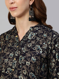 Thumbnail for Anubhutee Navy Blue & Gold Ethnic Motifs Foil Printed Kurti - Distacart