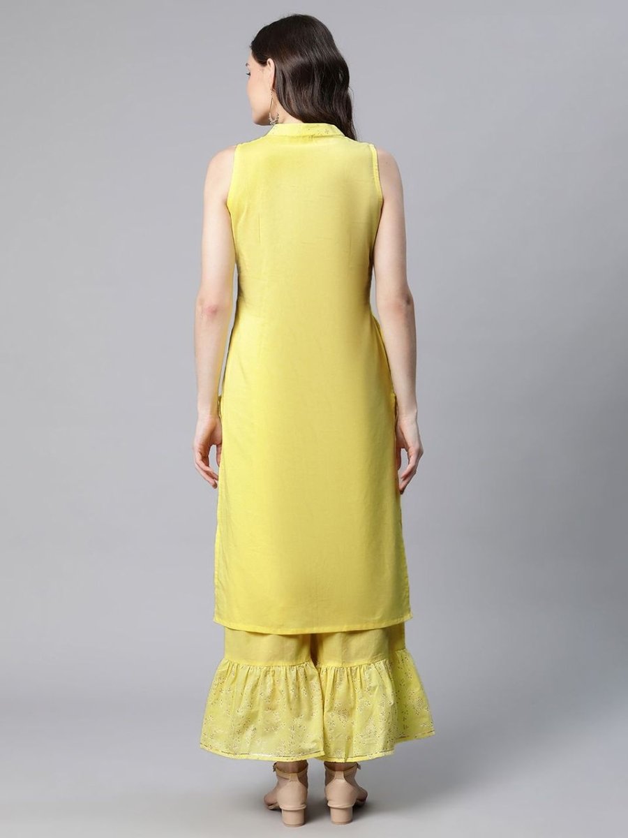 Ahalyaa Women Yellow Colour Pure Cotton Glitter Print Kurta Palazzo Set - Distacart