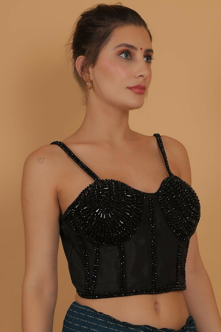 Joban Fashion Silk Pearl And Beads Hand Embroidery Padded Blouse - Black