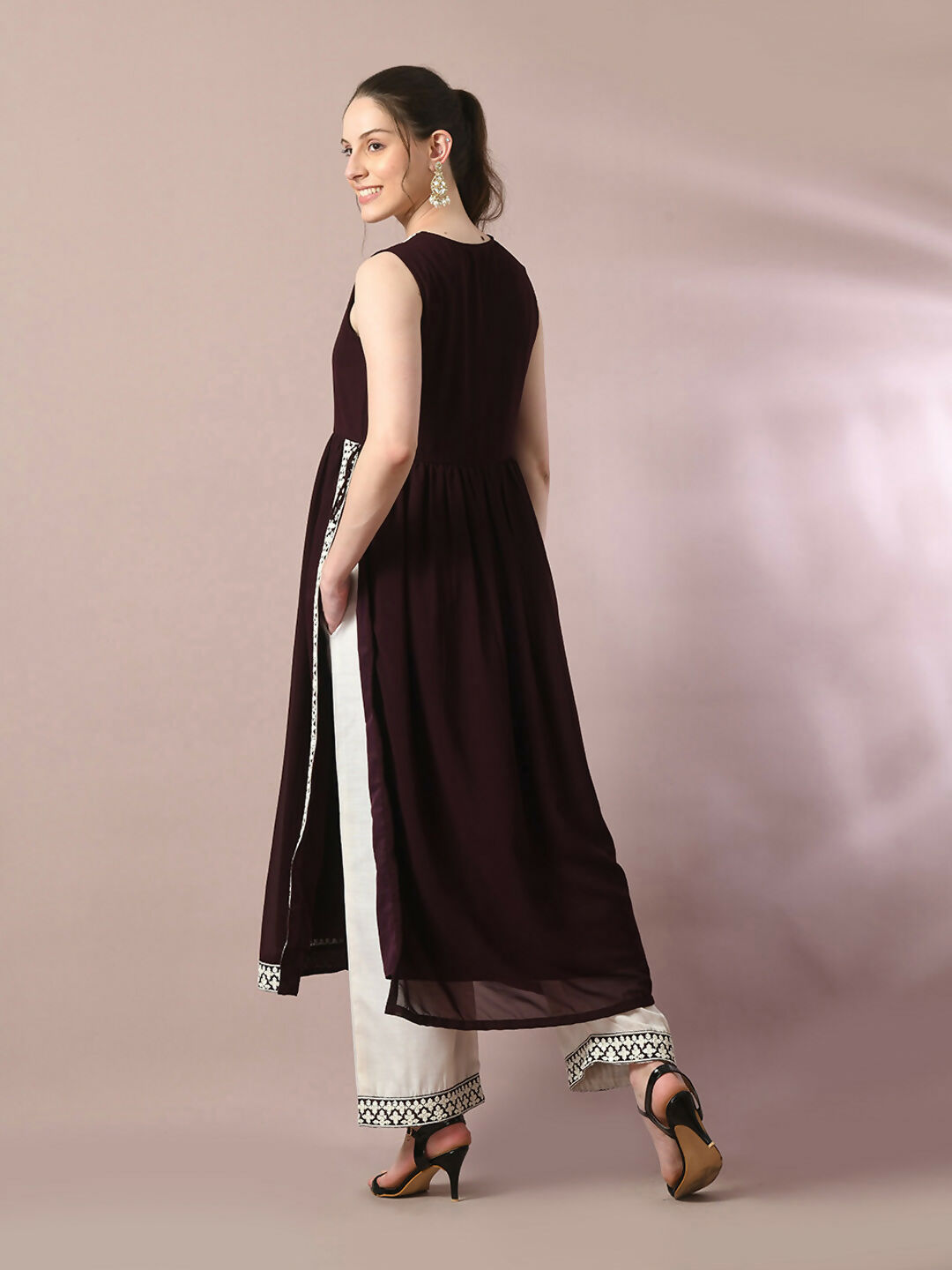 Myshka Women's Coffee Brown Solid Georgette Anarkali Party Kurta Set With Dupatta - Distacart