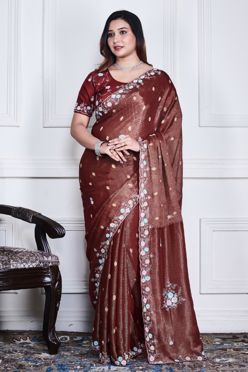 Morchari Brown Pure Chiffon Hand Embroidery Saree And Stitched Blouse