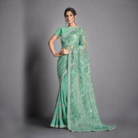 Thumbnail for Aqua Green Lycra, Net Raw Silk Sequins Embroidery Saree - Norita Eileen - Distacart