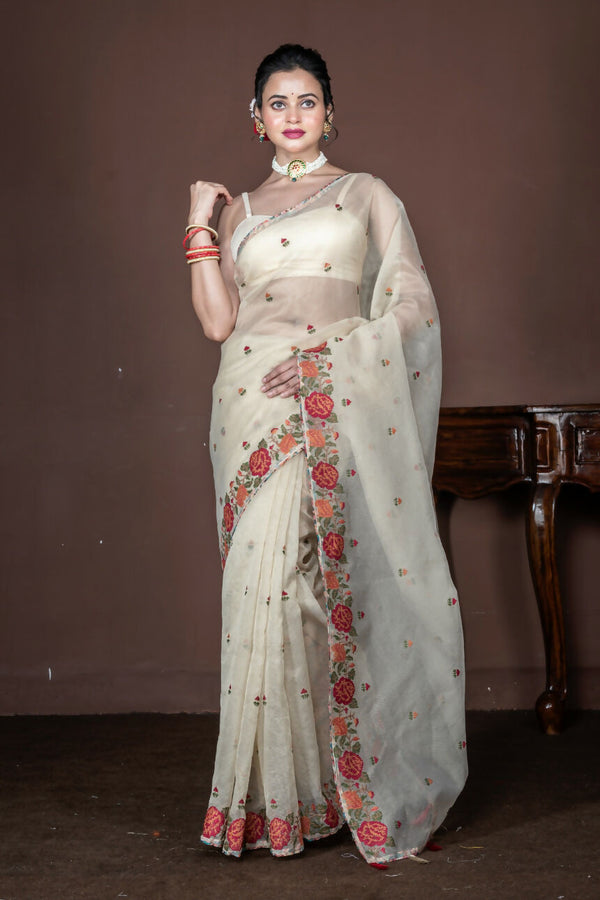 Morchari Beige Supernet Cross Embroidery Saree Unstitched Blouse