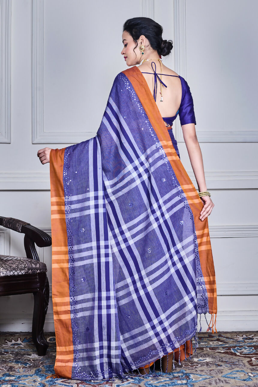 Morchari Sky Blue Cotton Handloom Mirror Work Saree Unstitched Blouse