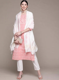 Thumbnail for Anubhutee Pink Floral Yoke Design Thread Work Pure Cotton Kurta with Trousers & With Dupatta - Distacart