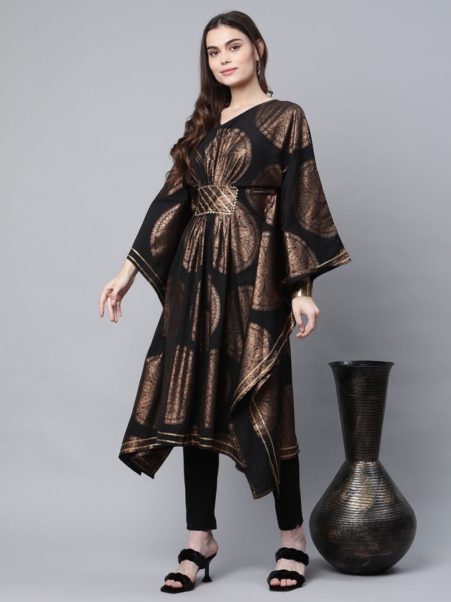 Ahalyaa Women Black Crepe Copper Foil Printed Flared Sleeve Kaftan Kurta - Distacart