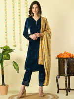 Thumbnail for Myshka Women's Teal Velvet Kurta & Trousers With Dupatta Party Sets - Distacart