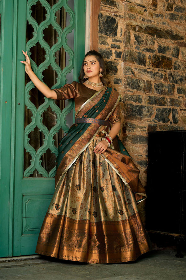 Vastranavya Traditional Jacquard Silk Zari Weaving Silk Lehenga Choli - Green - Distacart