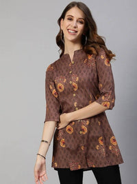Thumbnail for Anubhutee Brown & Yellow Floral Foil Printed Kurti - Distacart