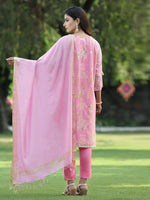 Thumbnail for Juniper Pink Ethnic Motif Printed Georgette Kurta Pants & Dupatta Set With Tassels & Lace - Distacart