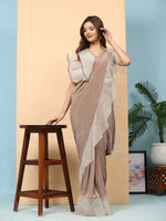 Thumbnail for Light Brown Lycra Solid Ready to Wear Saree with stitched Blouse - Nita - Distacart