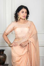 Thumbnail for Morchari Beige Chiffon Hand Embroidery Saree And Stitched Blouse