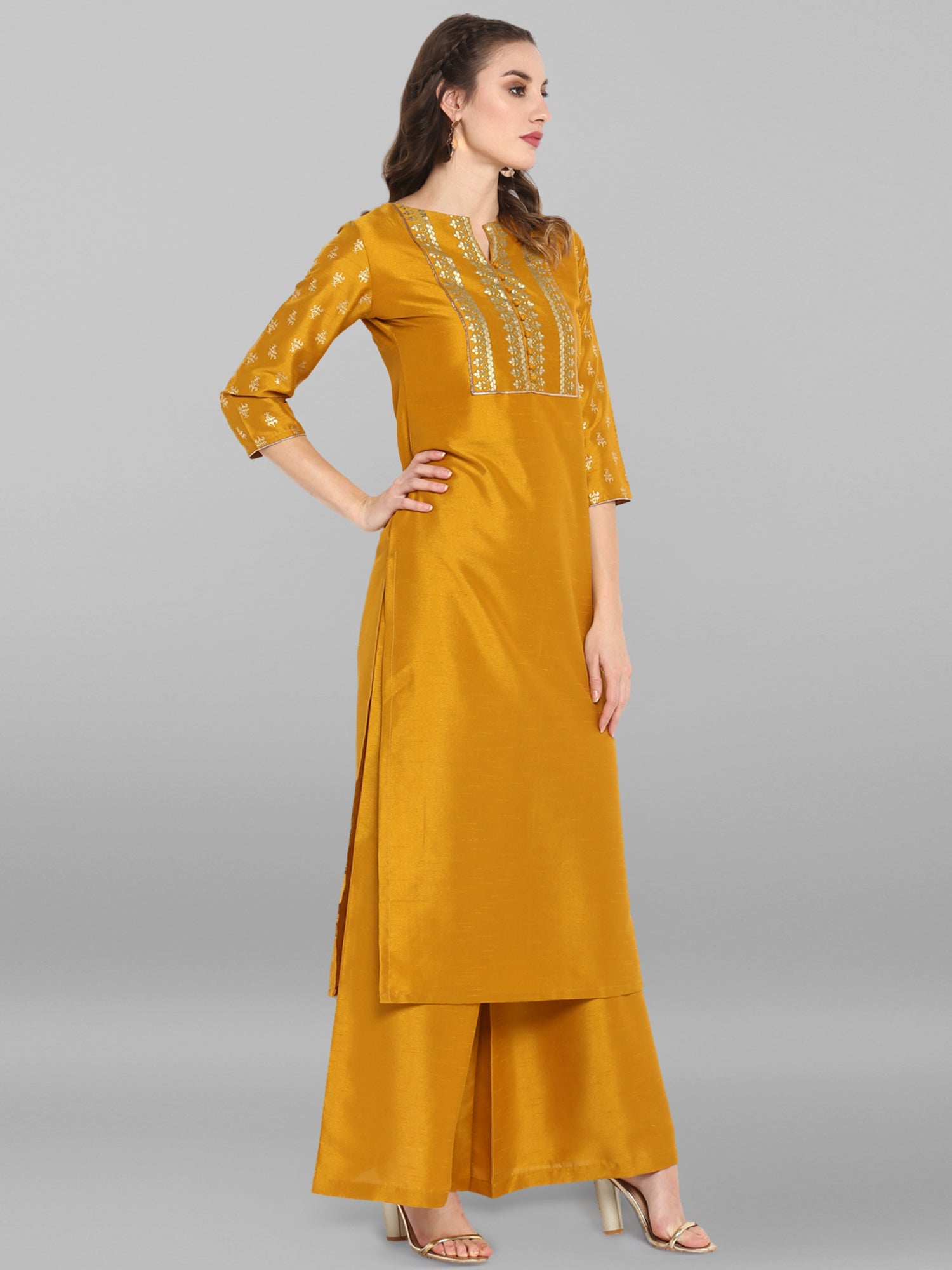 Janasya Mustard Poly Silk Foil Print Set - Distacart