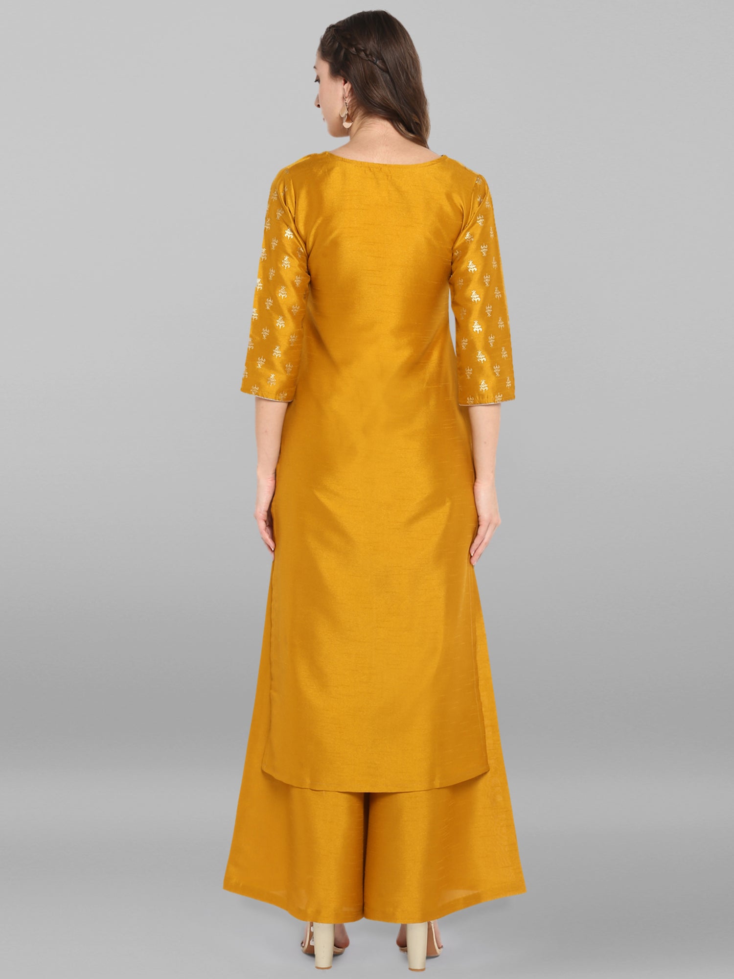 Janasya Mustard Poly Silk Foil Print Set - Distacart