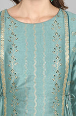 Thumbnail for Janasya Green Rayon Crepe Foil Print Flared Ethnic Dress - Distacart